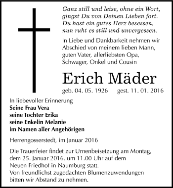 Traueranzeige von Erich Mäder von Mitteldeutsche Zeitung Naumburg/Nebra