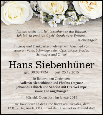 Traueranzeige von Hans Siebenhüner von Super Sonntag SGH Mansf. Land