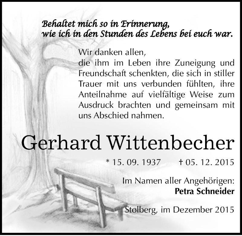  Traueranzeige für Gerhard Wittenbecher vom 02.01.2016 aus Mitteldeutsche Zeitung Sangerhausen