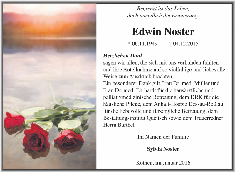  Traueranzeige für Edwin Noster vom 09.01.2016 aus WVG - Wochenspiegel Dessau / Köthen