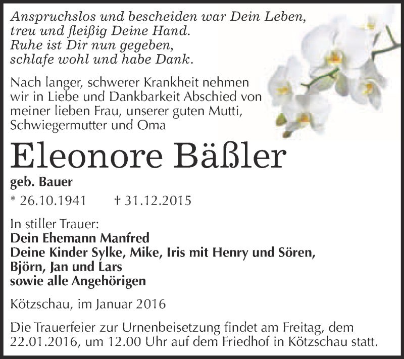  Traueranzeige für Eleonore Bäßler vom 09.01.2016 aus Super Sonntag Merseburg