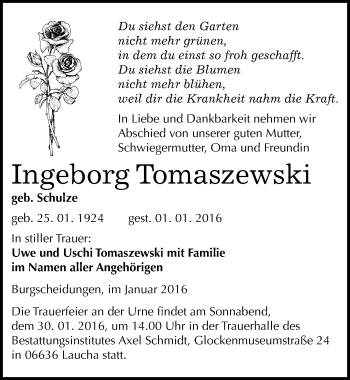 Traueranzeige von Ingeborg Tomaszewski von Mitteldeutsche Zeitung Naumburg/Nebra