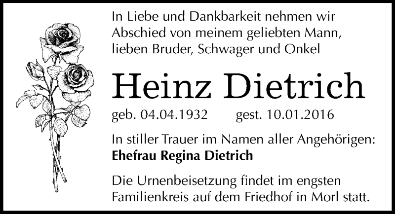  Traueranzeige für Heinz Dietrich vom 16.01.2016 aus Mitteldeutsche Zeitung Halle/Saalkreis
