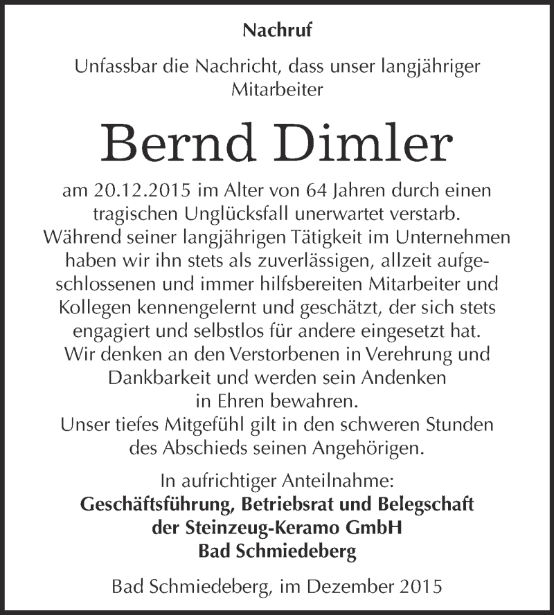  Traueranzeige für Bernd Dimler vom 09.01.2016 aus WVG - Wochenspiegel Wittenberg
