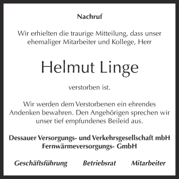 Traueranzeige von Helmut Linge von Super Sonntag Dessau / Köthen