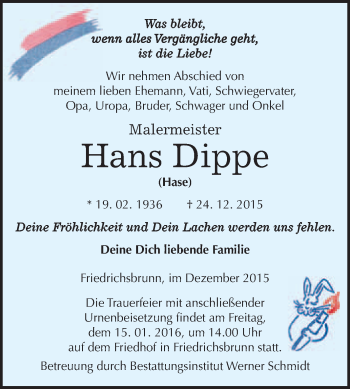 Traueranzeige von Hans Dippe von WVG - Wochenspiegel Quedlinburg