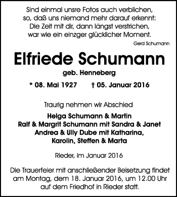 Traueranzeige von Elfriede Schumann von WVG - Wochenspiegel Quedlinburg