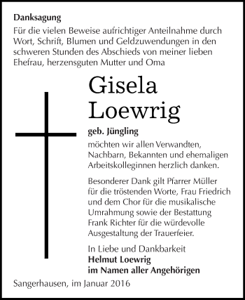 Traueranzeige von Gisela Loewrig von Super Sonntag SGH Mansf. Land