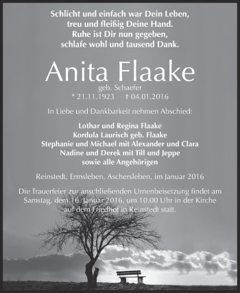 Traueranzeige von Anita Flaake von Super Sonntag Aschersleben