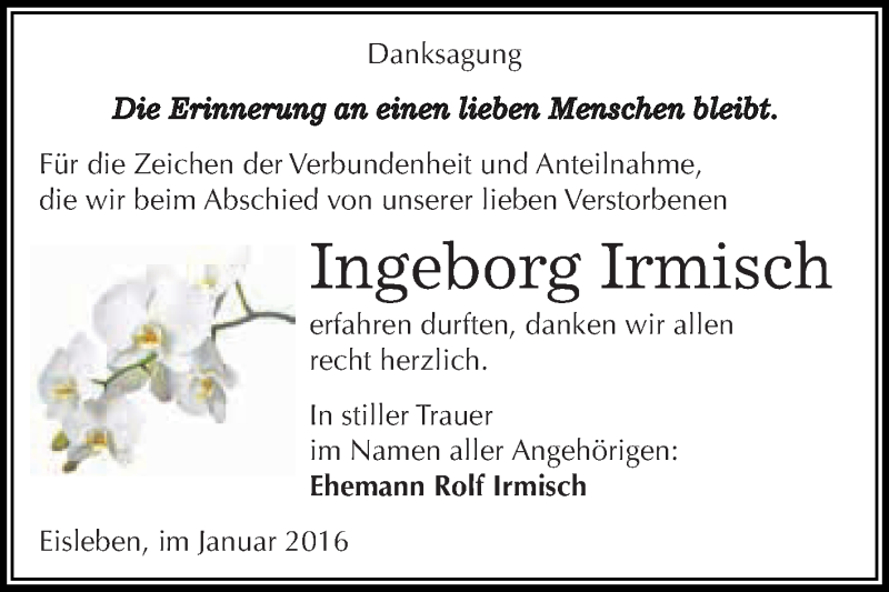  Traueranzeige für Ingeborg Irmisch vom 13.01.2016 aus Wochenspiegel Mansfelder Land