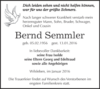 Traueranzeige von Bernd Semmler von Super Sonntag Aschersleben