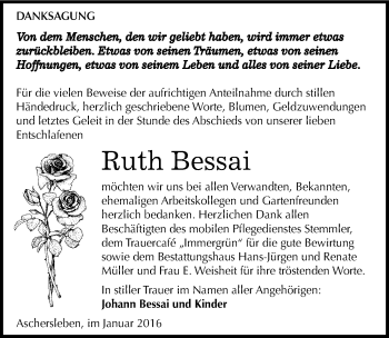 Traueranzeige von Ruth Bessai von Mitteldeutsche Zeitung Aschersleben