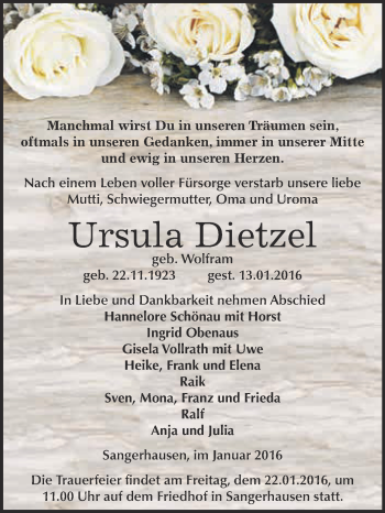 Traueranzeige von Ursula Dietzel von Super Sonntag SGH Mansf. Land
