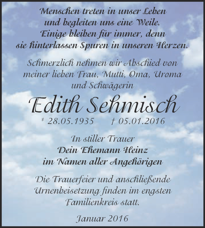  Traueranzeige für Edith Sehmisch vom 09.01.2016 aus WVG - Wochenspiegel Dessau / Köthen
