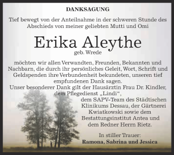 Traueranzeige von Erika Aleythe von WVG - Wochenspiegel Dessau / Köthen