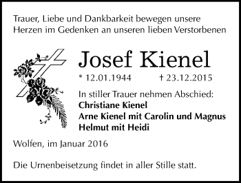 Traueranzeige von Josef Kienel von Mitteldeutsche Zeitung Bitterfeld