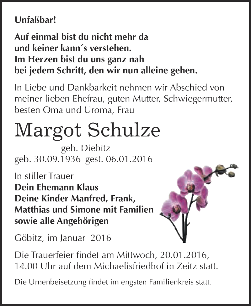  Traueranzeige für Margot Schulze vom 16.01.2016 aus Super Sonntag Zeitz