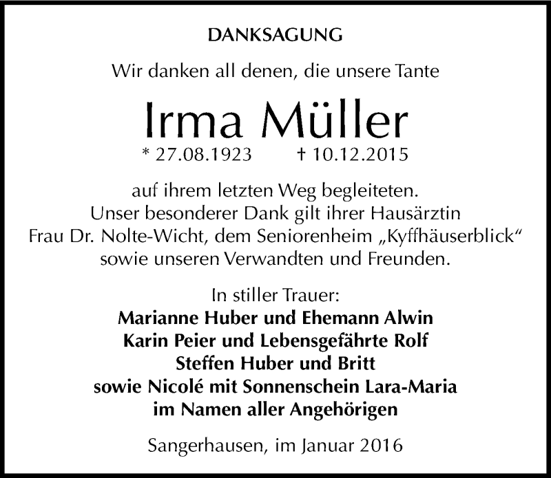  Traueranzeige für Irma Müller vom 16.01.2016 aus Mitteldeutsche Zeitung Sangerhausen