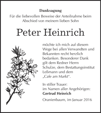 Traueranzeige von Peter Heinrich von WVG - Wochenspiegel Wittenberg