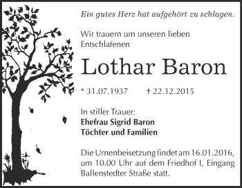 Traueranzeige von Lothar Baron von WVG - Wochenspiegel Dessau / Köthen