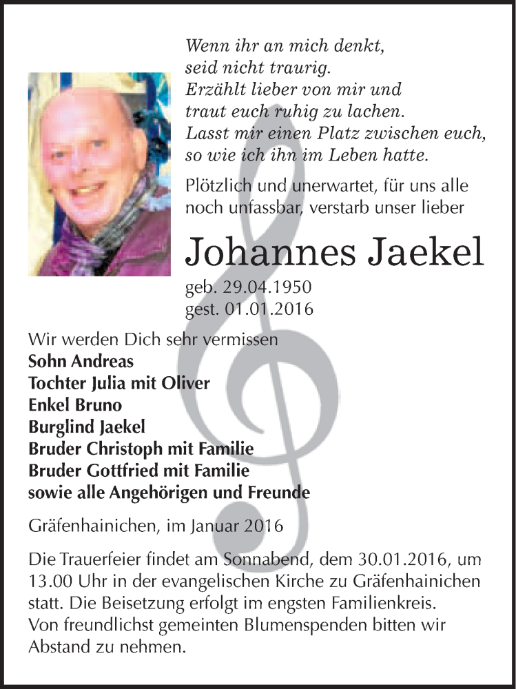  Traueranzeige für Johannes Jaekel vom 16.01.2016 aus WVG - Wochenspiegel Wittenberg