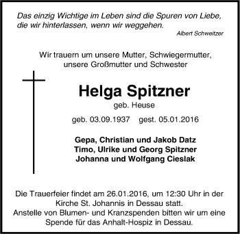 Traueranzeige von Helga Spitzner von Mitteldeutsche Zeitung Dessau-Roßlau