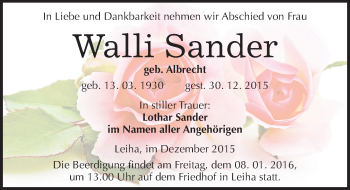Traueranzeige von Walli Sander von Mitteldeutsche Zeitung Merseburg/Querfurt