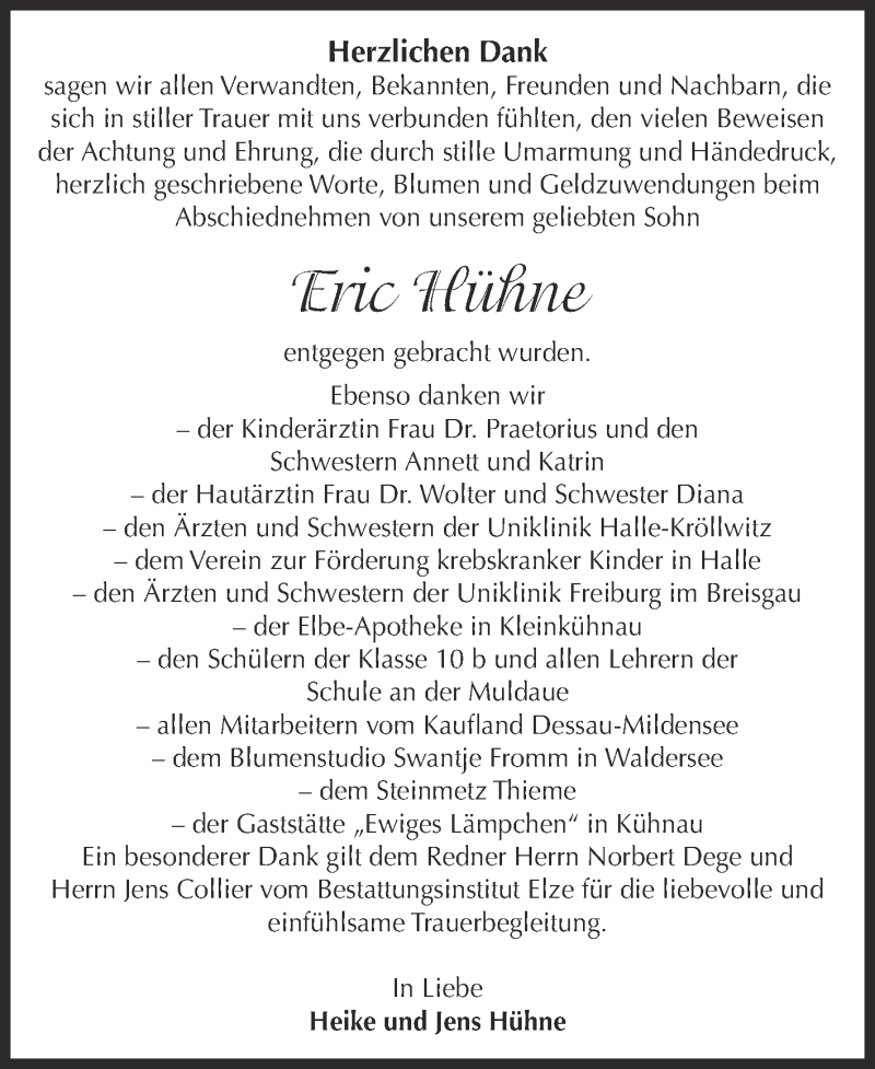  Traueranzeige für Eric Hühne vom 09.01.2016 aus WVG - Wochenspiegel Dessau / Köthen