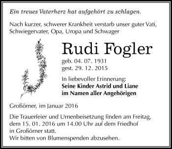 Traueranzeige von Rudi Fogler von Mitteldeutsche Zeitung Mansfelder Land