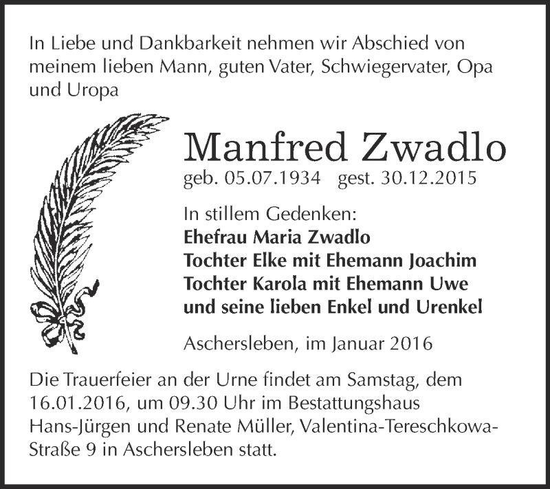  Traueranzeige für Manfred Zwadlo vom 13.01.2016 aus Super Sonntag Aschersleben