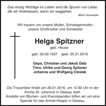 Traueranzeige von Helga Spitzner von WVG - Wochenspiegel Dessau / Köthen