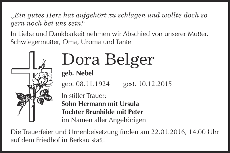  Traueranzeige für Dora Belger vom 09.01.2016 aus Super Sonntag Wittenberg