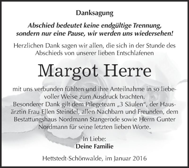  Traueranzeige für Margot Herre vom 13.01.2016 aus Wochenspiegel Mansfelder Land
