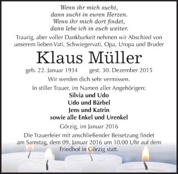 Traueranzeige von Klaus Müller von Mitteldeutsche Zeitung Köthen