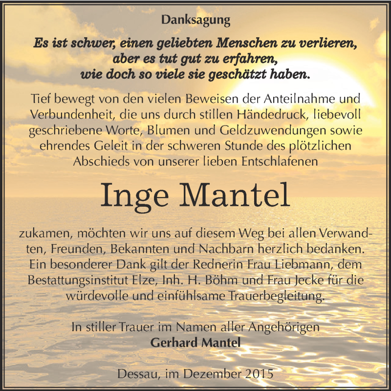  Traueranzeige für Inge Mantel vom 02.01.2016 aus WVG - Wochenspiegel Dessau / Köthen