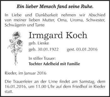 Traueranzeige von Irmgard Koch von Super Sonntag Aschersleben