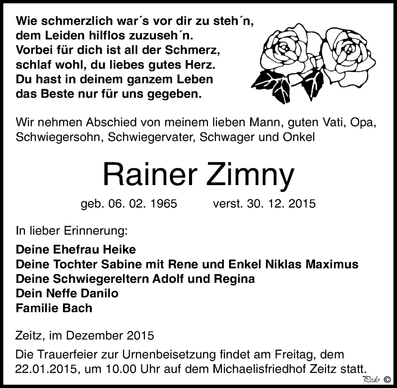  Traueranzeige für Rainer Zimny vom 08.01.2016 aus Mitteldeutsche Zeitung Zeitz