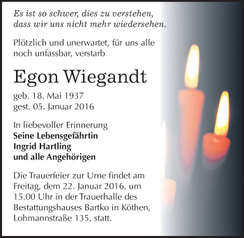 Traueranzeige von Egon Wiegandt von Mitteldeutsche Zeitung Köthen