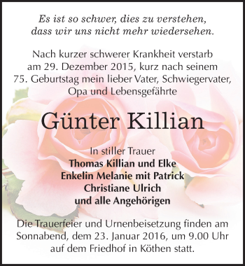 Traueranzeige von Günter Killian von Mitteldeutsche Zeitung Köthen