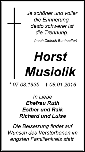 Traueranzeige von Horst Musiolik von Mitteldeutsche Zeitung Wittenberg