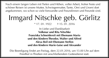 Traueranzeige von Irmgard Nitschke von Mitteldeutsche Zeitung