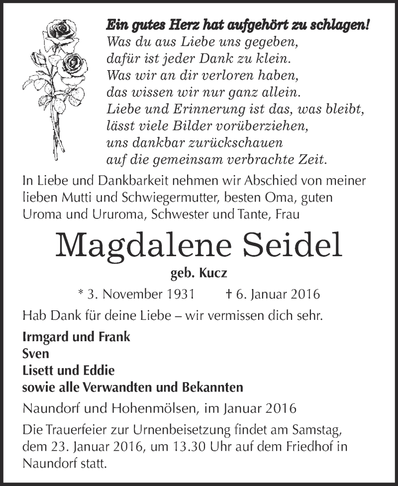  Traueranzeige für Magdalene Seidel vom 16.01.2016 aus WVG - Wochenspiegel NMB / WSF / ZTZ