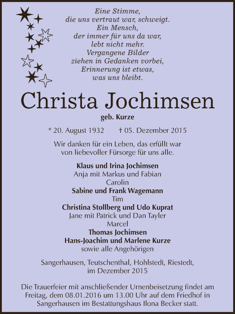  Traueranzeige für Christa Jochimsen vom 02.01.2016 aus Super Sonntag SGH Mansf. Land