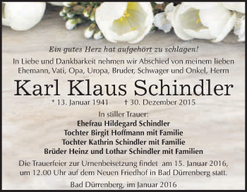 Traueranzeige von Karl Klaus Schindler von WVG - Wochenspiegel Merseburg