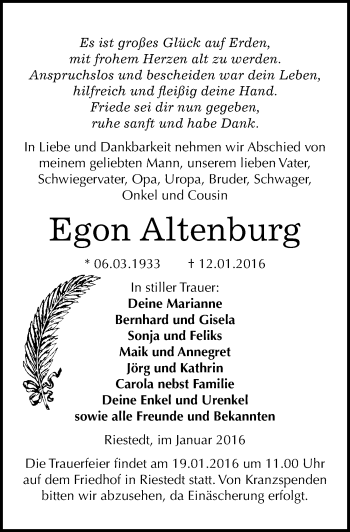 Traueranzeige von Egon Altenburg von Mitteldeutsche Zeitung Sangerhausen
