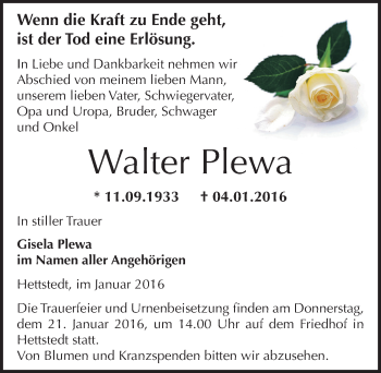Traueranzeige von Walter Plewa von Mitteldeutsche Zeitung Mansfelder Land