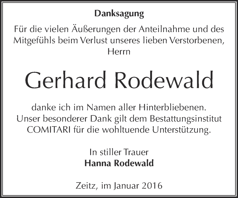  Traueranzeige für Gerhard Rodewald vom 09.01.2016 aus Super Sonntag Zeitz