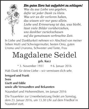 Traueranzeige von Magdalene Seidel von WVG - Wochenspiegel NMB / WSF / ZTZ