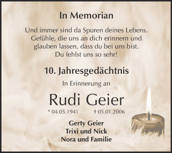 Traueranzeige von Rudi Geier von Super Sonntag Aschersleben