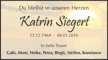 Traueranzeige von Katrin Siegert von WVG - Wochenspiegel NMB / WSF / ZTZ